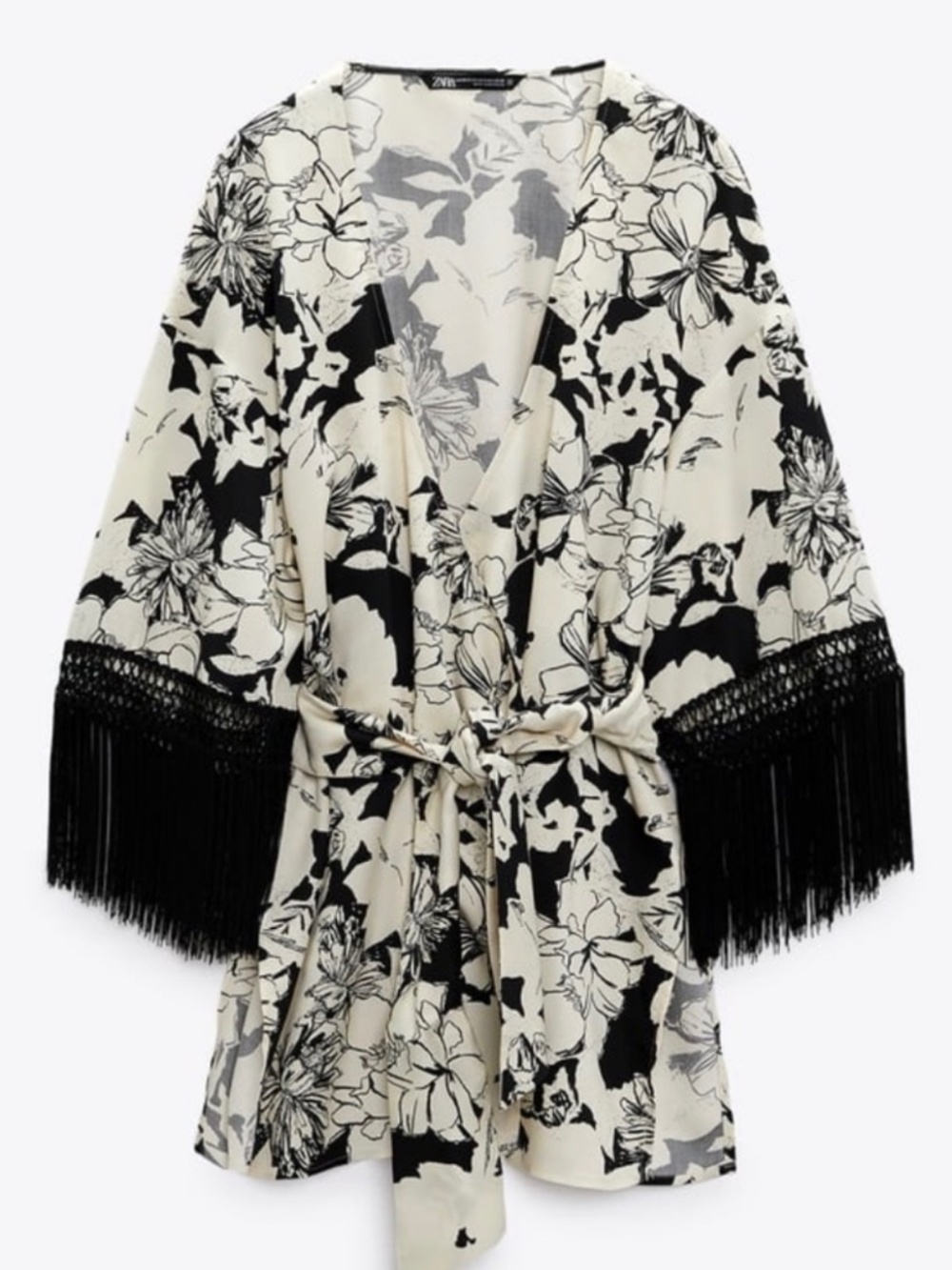 ZARA WRAP FRINGED PRINTED VISCOSE JACKET ECRU / BLACK XS-S